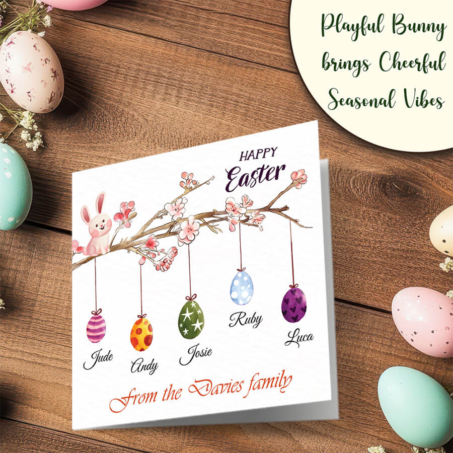 Personalised Easter card with bunny illustration and hanging egg decor