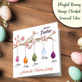 Personalised Easter card with bunny illustration and hanging egg decor