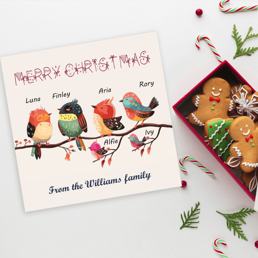 Personalised Bird Family Christmas Card – Add Your Names