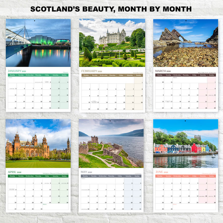 Wall calendar 2026 with views of Scotland