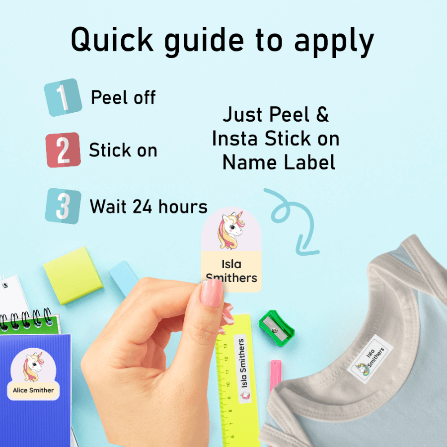 Multi size stick on clothing labels for kids school wear
