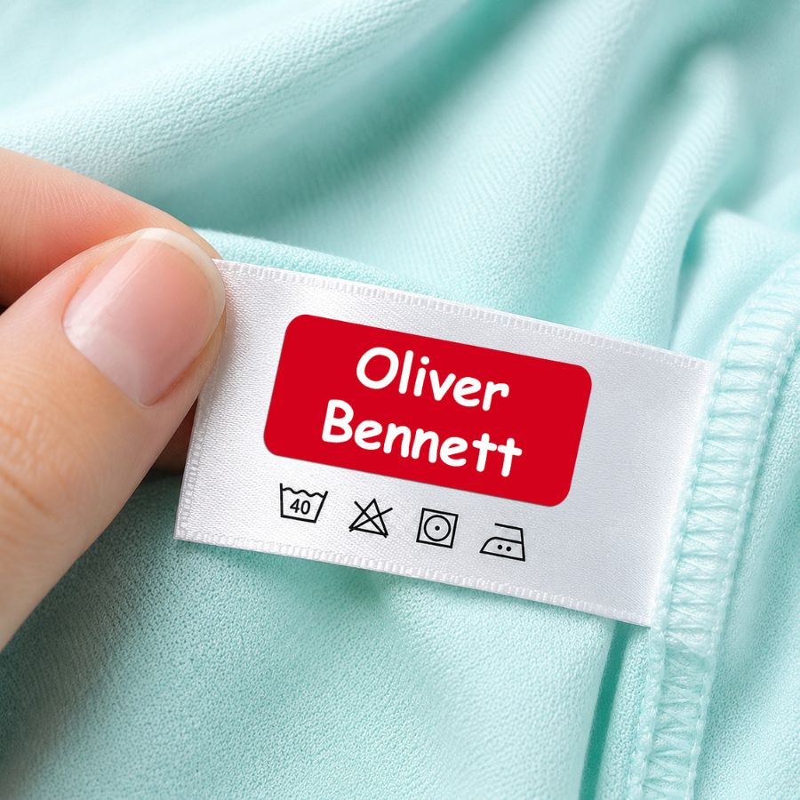Red personalised washable clothing label