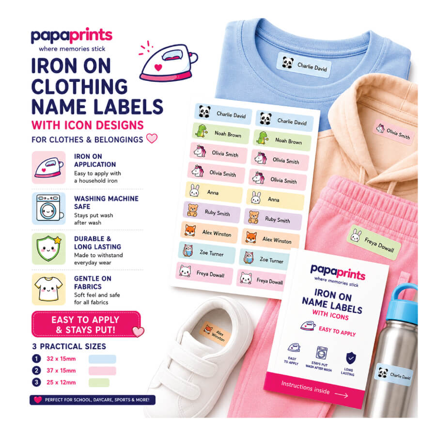 Iron On Clothing Name Labels - With Icons