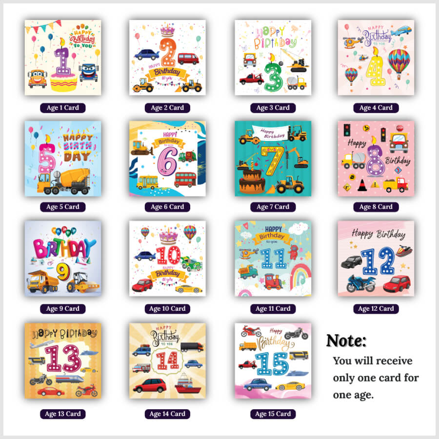 Vibrant Vehicle Birthday Cards for Kids (Ages 1-15)
