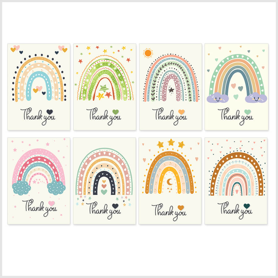 Rainbow Thank You Notes - Pack Of 24 - 8 Designs with Envelopes