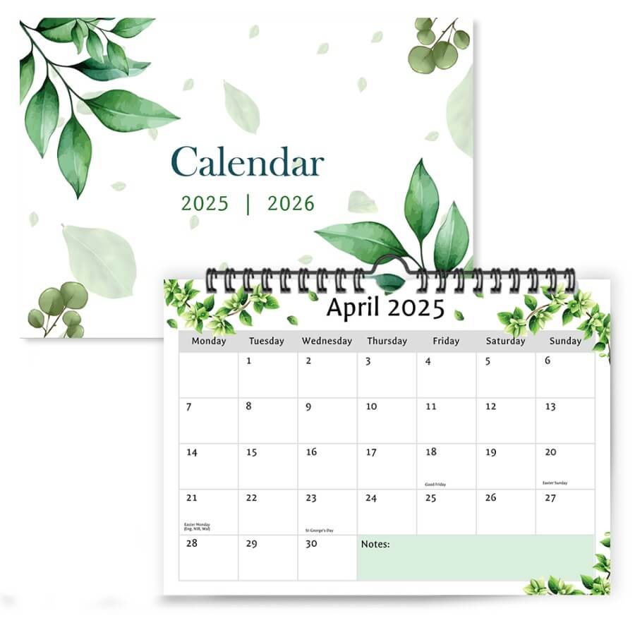 A4 Green Leaf Wall Calendar 2025-2026 with 18-Month Display