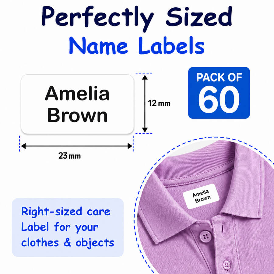Perfectly sized personalised name labels - a pack of 60 for clothes and belongings.