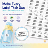 Personalised children’s name labels featuring alongside a water bottle and the message Make Every Label Their Own
