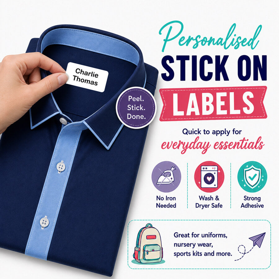 Personalised stick-on name labels for everyday essentials.