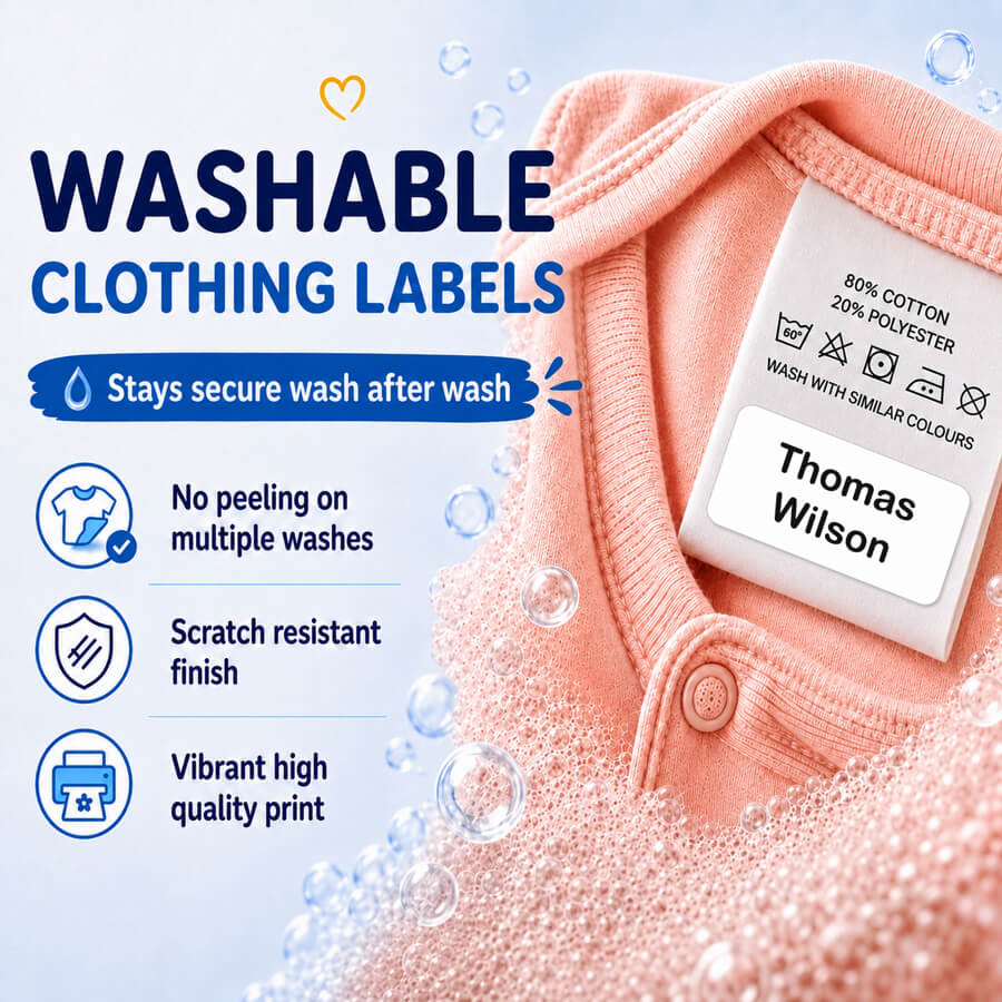 Washable and durable kids clothing labels - secure after multiple washes.