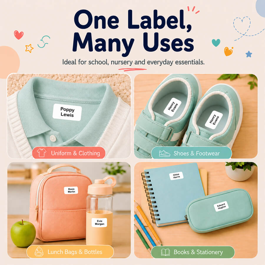 Versatile kids name labels - ideal for clothing, shoes, bottles and school supplies.
