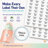 Personalised children’s name labels featuring alongside a water bottle and the message “Make Every Label Their Own.”