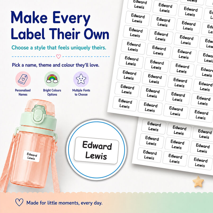 Personalised children’s name labels featuring alongside a water bottle and the message “Make Every Label Their Own.”