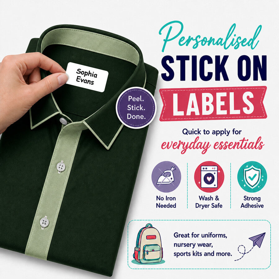 Personalised stick-on name labels for everyday essentials.