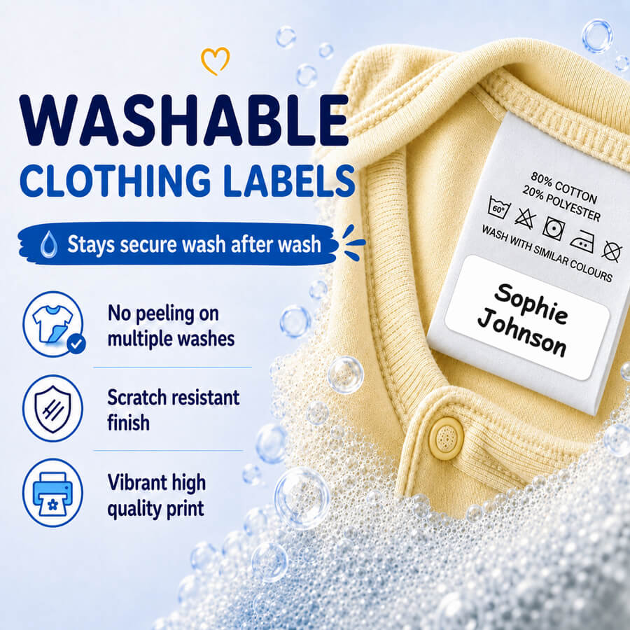 Washable and durable kids clothing labels - secure after multiple washes.