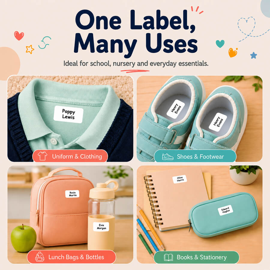 Versatile kids name labels - ideal for clothing, shoes, bottles and school supplies.