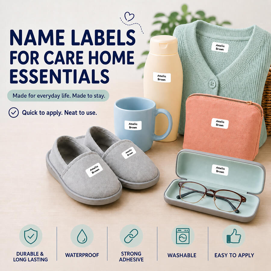 Durable name labels for care home essentials - waterproof, washable and easy to apply.