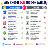 Durable stick-on name labels - strong, dishwasher-safe and easy to apply.