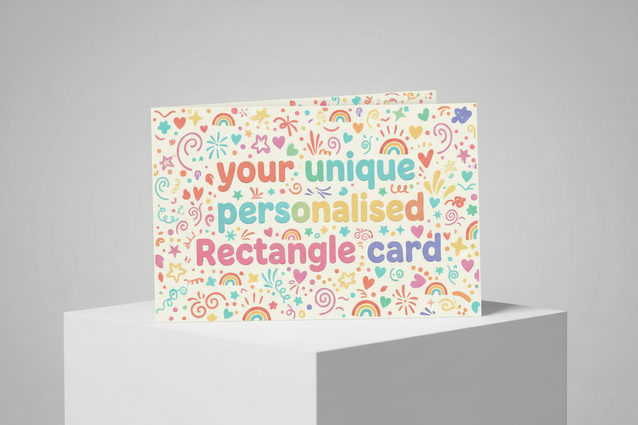 generate a thumbnail image for rectangle shape representing a rectangle shaped greeting card .  Wording should be "your unique personalised Rectangle card" background should be playful 
