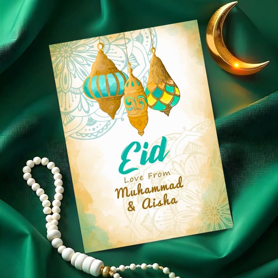 Eid card featuring vibrant Islamic patterns.