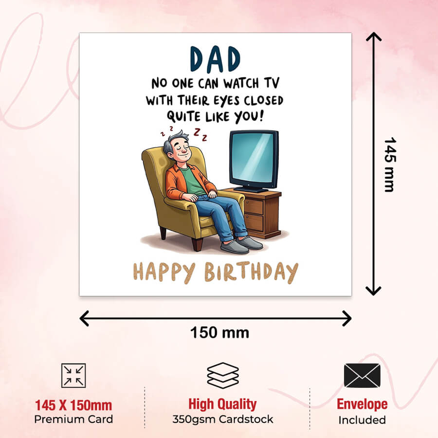 Humorous birthday card for dad with funny eyes closed TV design