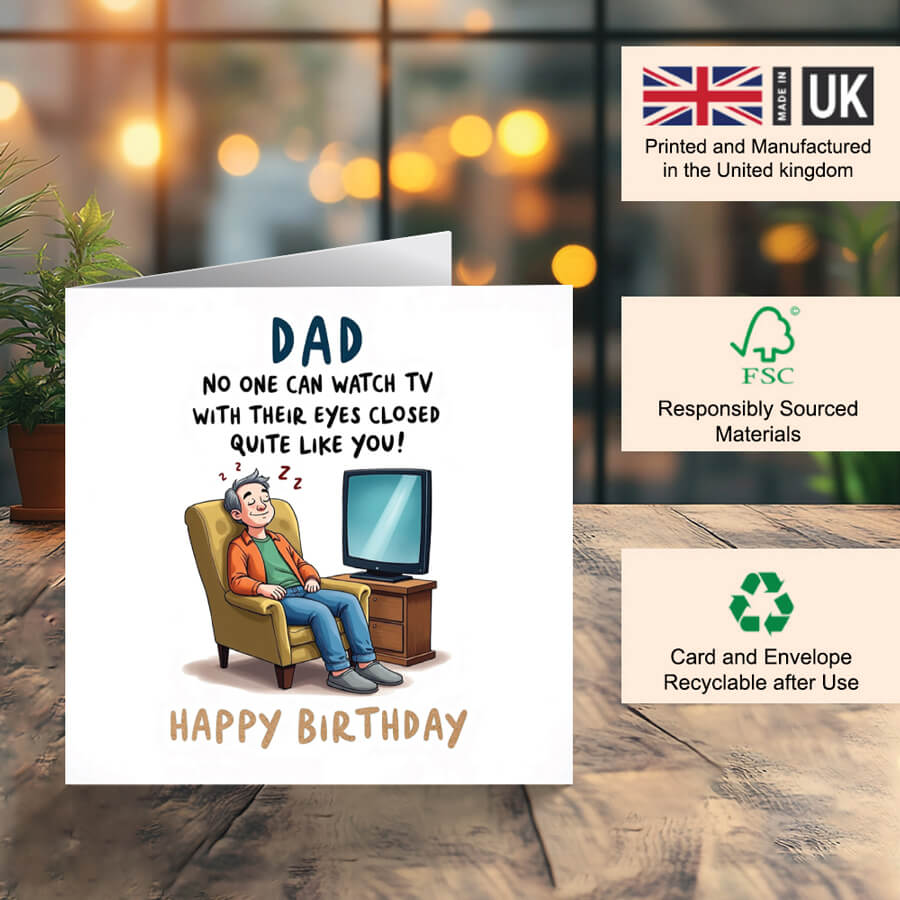 Personalised Dad birthday card with eyes closed TV joke design