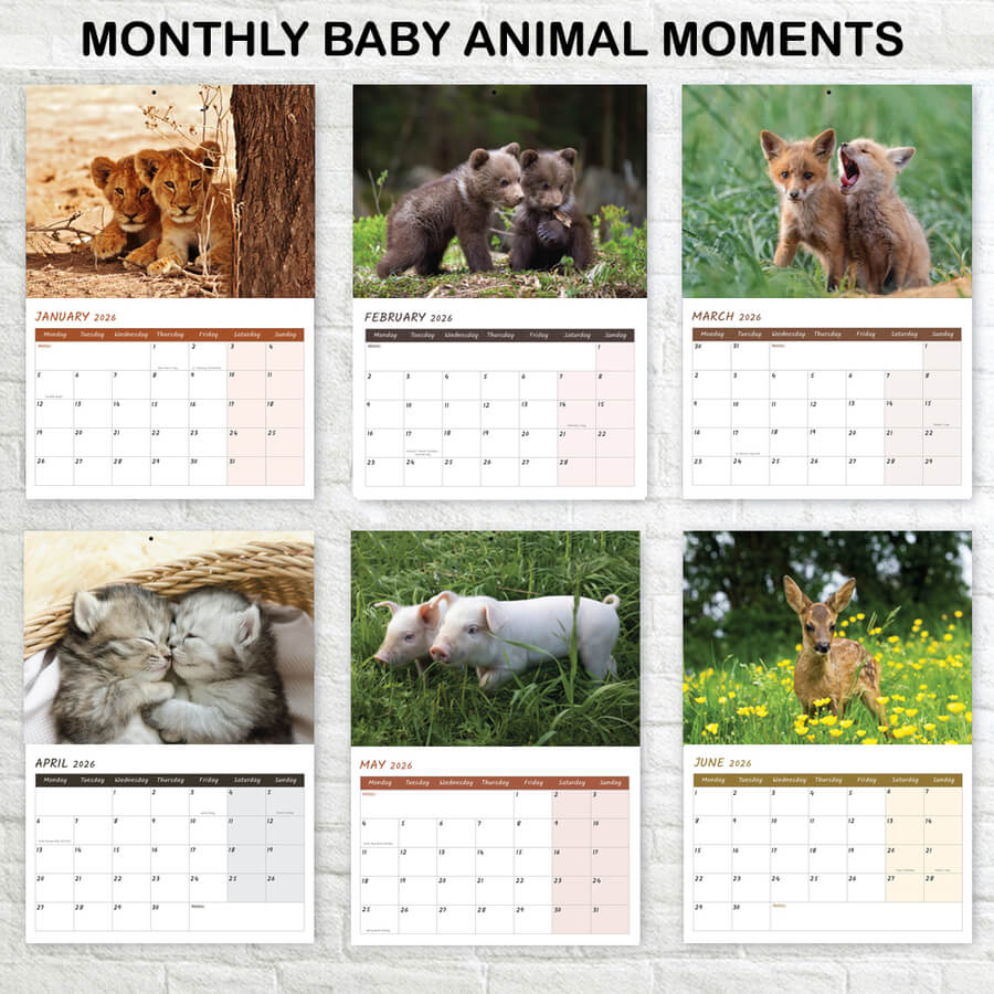 Cute baby animal calendar with UK bank holidays 2026