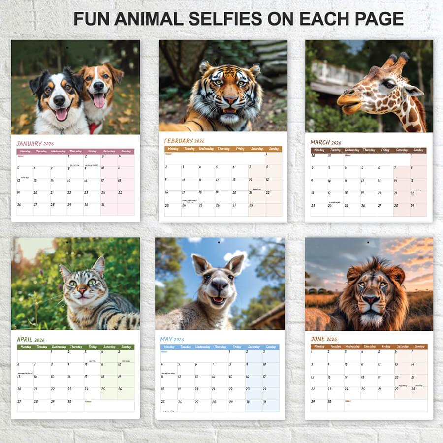 Animal selfies calendar 2026 A3 funny wall calendar January to December