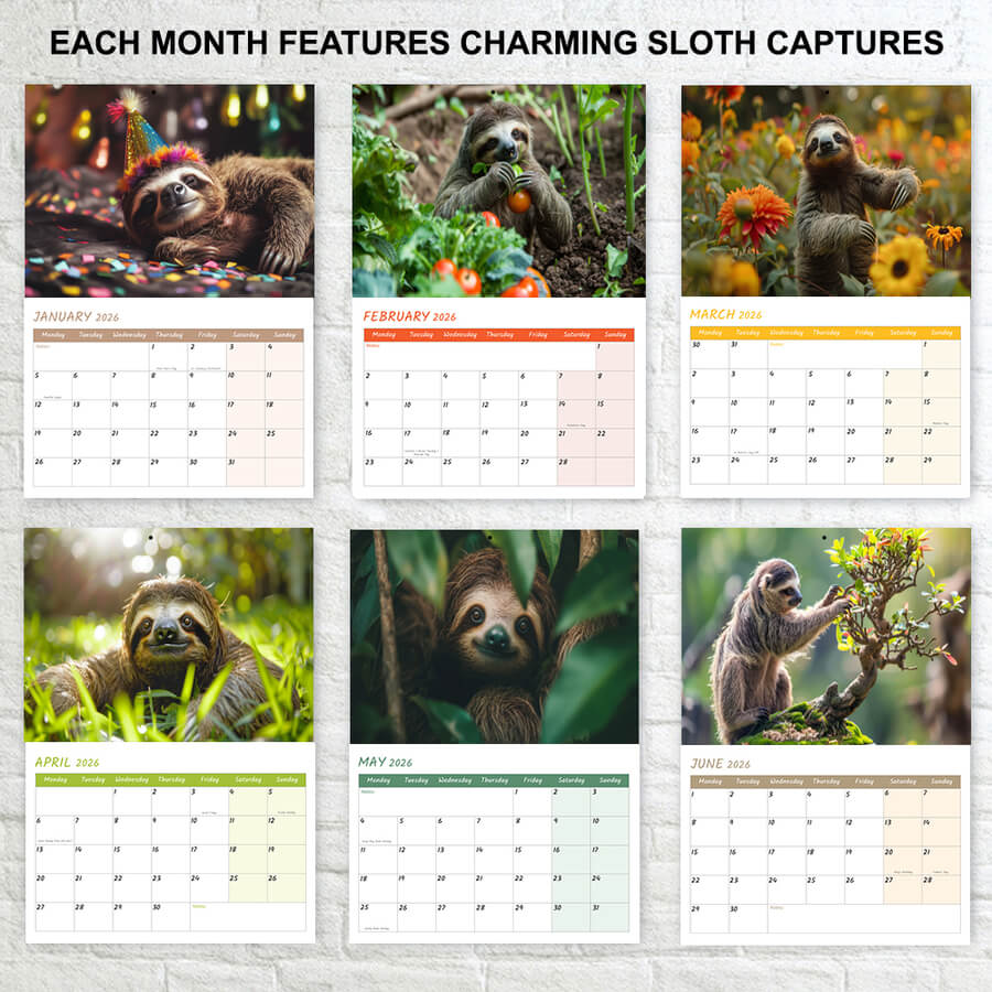 Cute sloth calendar with UK bank holidays 2026