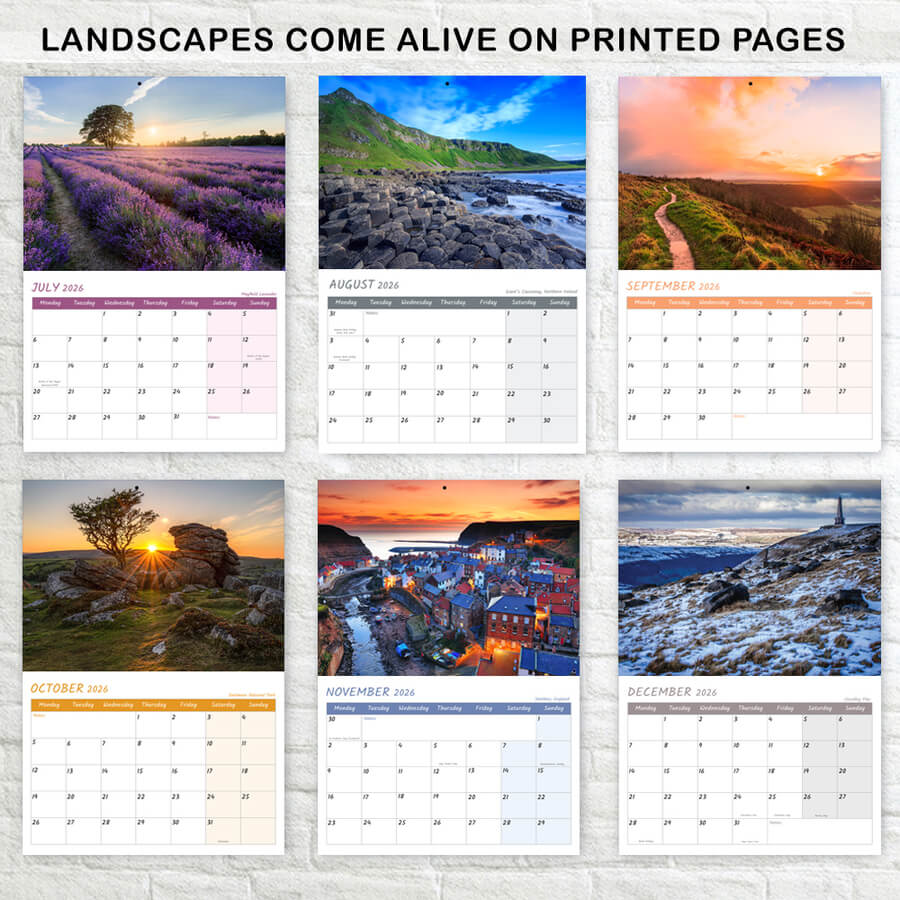 A3 British landscape wall calendar 2026