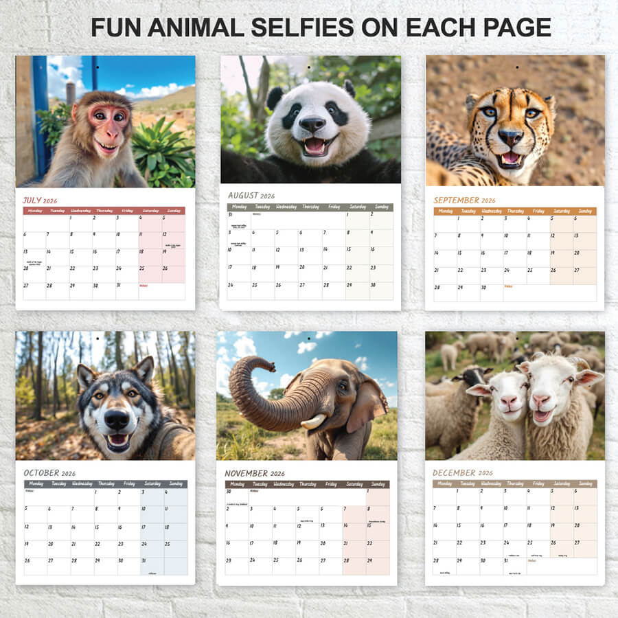 Humorous animal selfie photography calendar 2026 A3