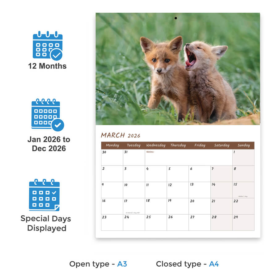 2026 baby animals monthly calendar A3 size