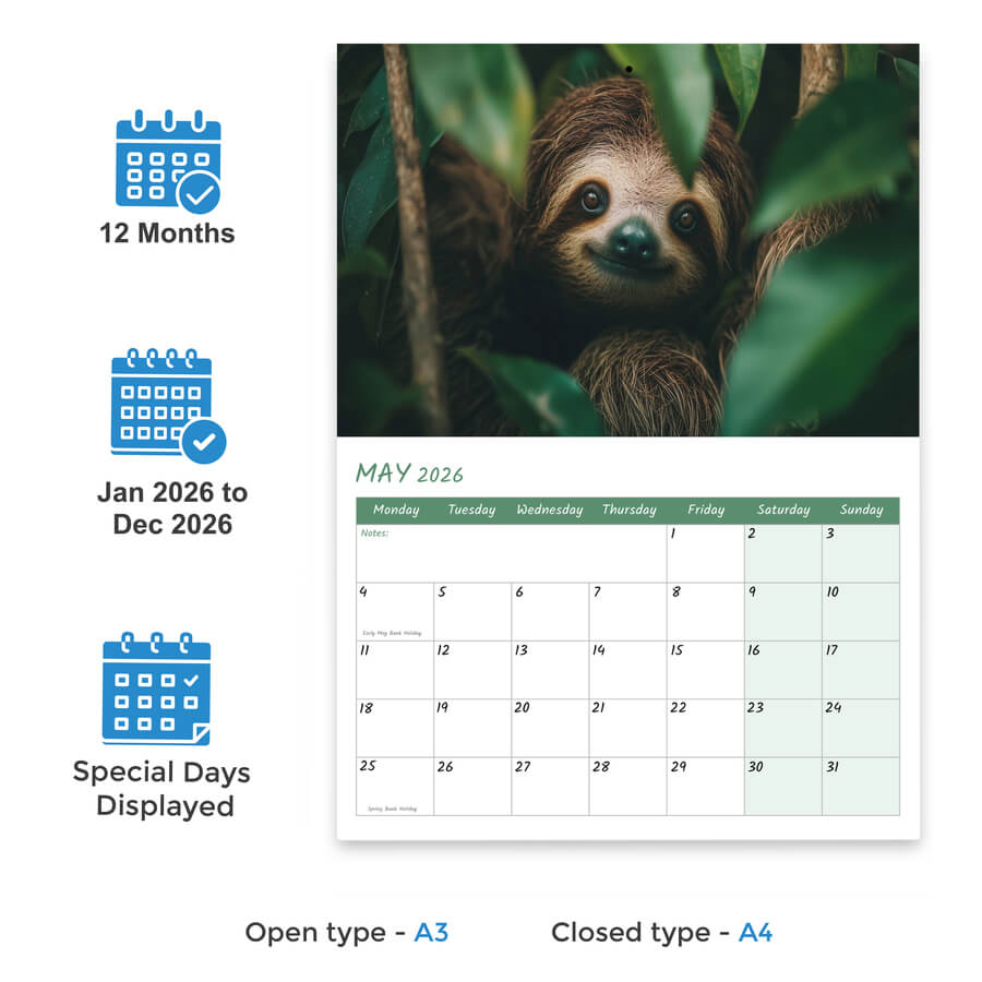 2026 sloth monthly calendar A3 size