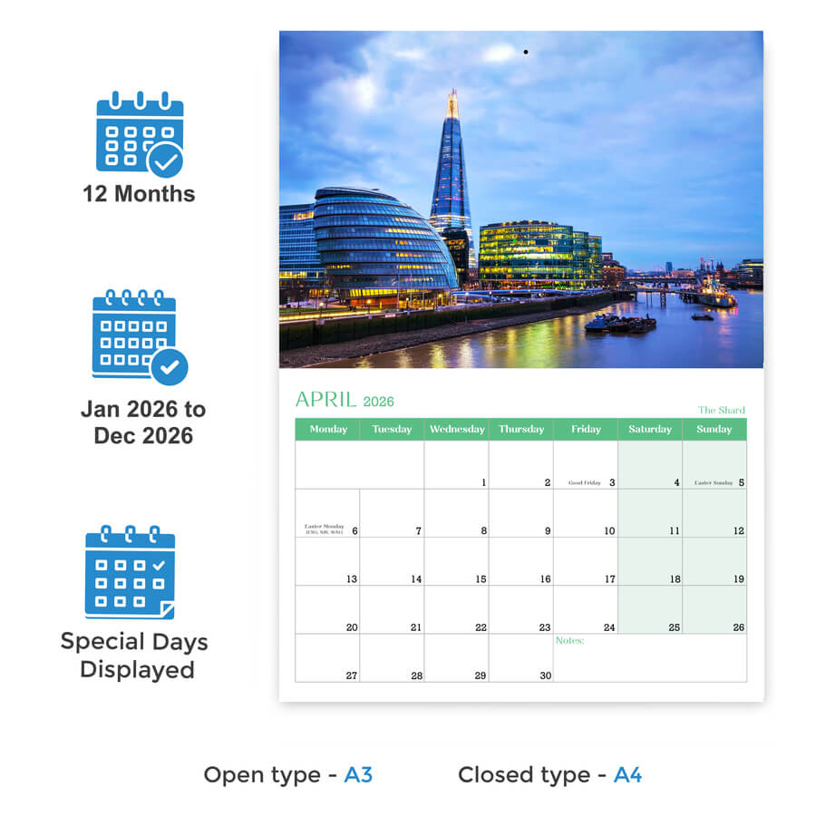 A3 to A4 London Calendar 2026
