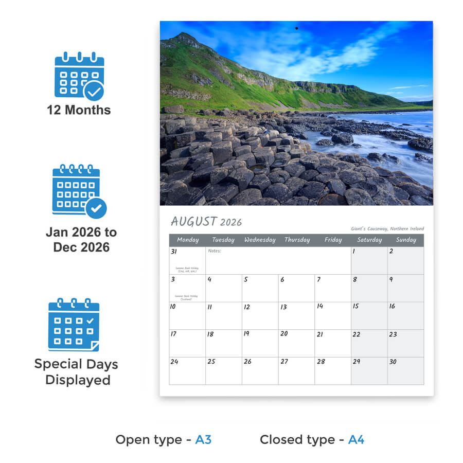A3 British landscape wall calendar 2026