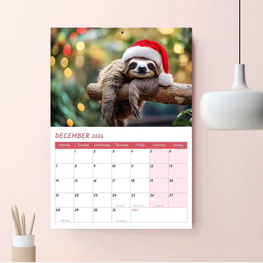 A3 wall calendar 2026 featuring adorable sloths