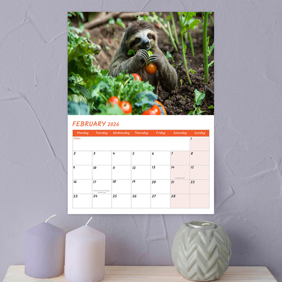Sloth 2026 calendar for animal lovers UK