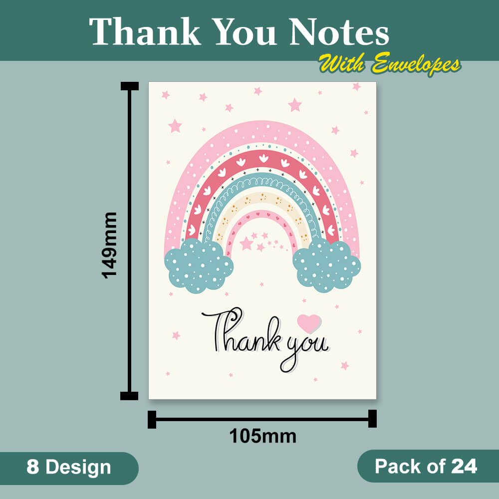 Rainbow Thank You Notes - Pack Of 24 - 8 Designs with Envelopes
