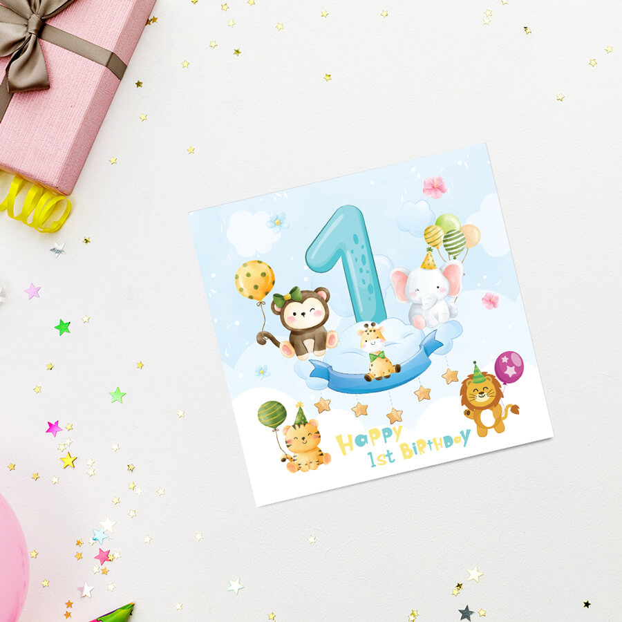 Animal Theme 1st Birthday Card For Boy And Girl
