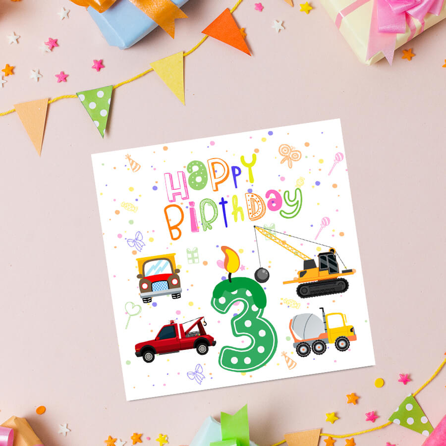 Vibrant Vehicle Birthday Cards for Kids (Ages 1-15)