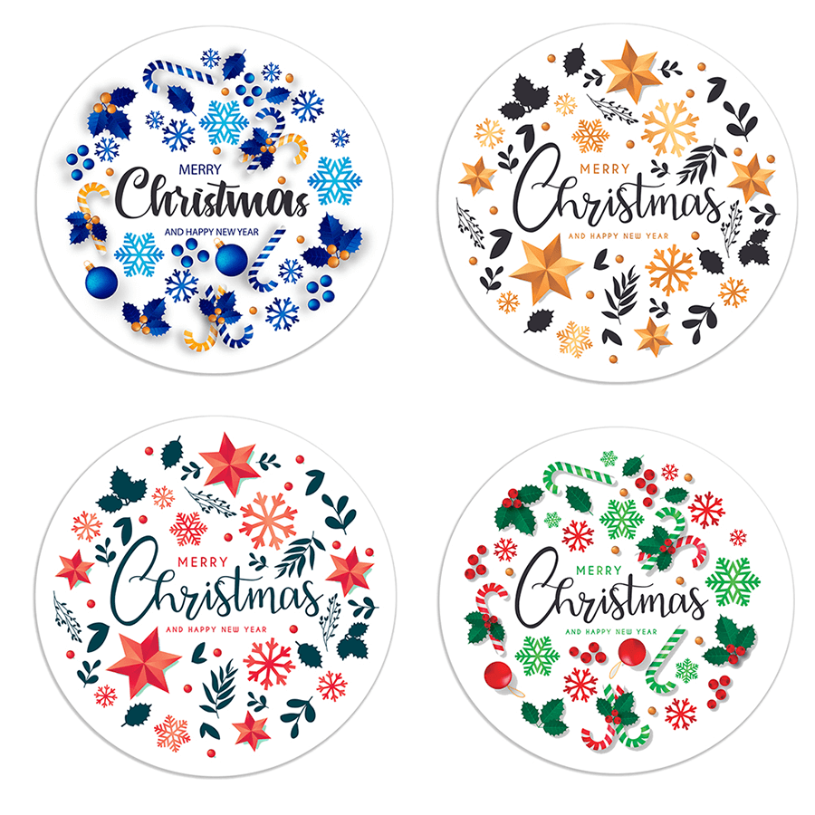 Christmas Gift Stickers - Round -  Colourful Xmas Ornaments