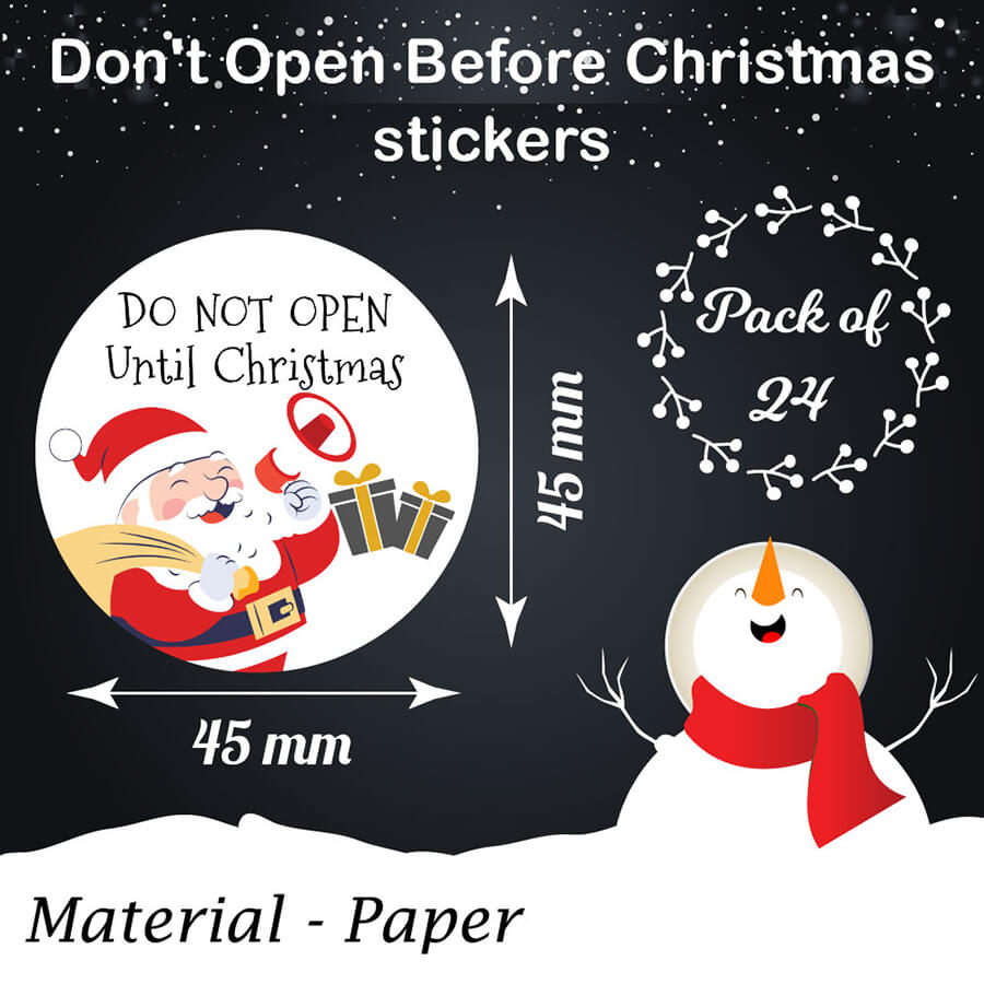 Decorative Do Not Open Until Christmas sticker on a gift box