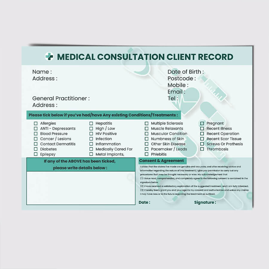 Medical Client Record Cards | Treatment Consultation Forms Pack of 50