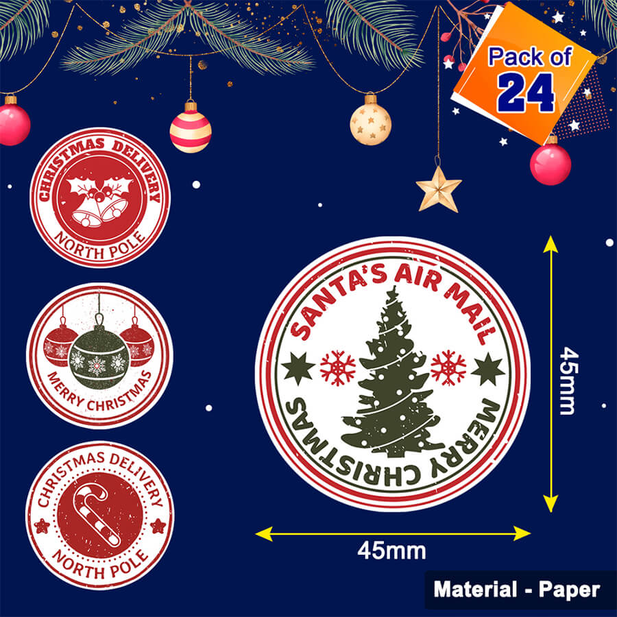 Christmas Stamp Sticker - Round -Santa Air Mail
