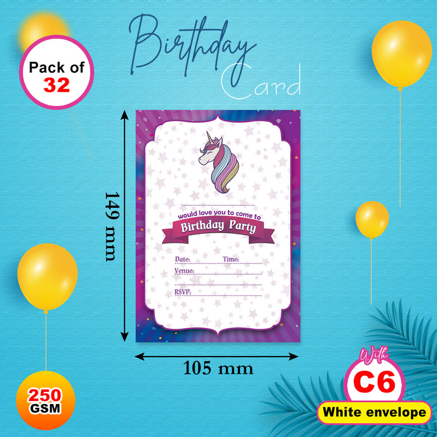 Unicorn Birthday Party Invitation Cards