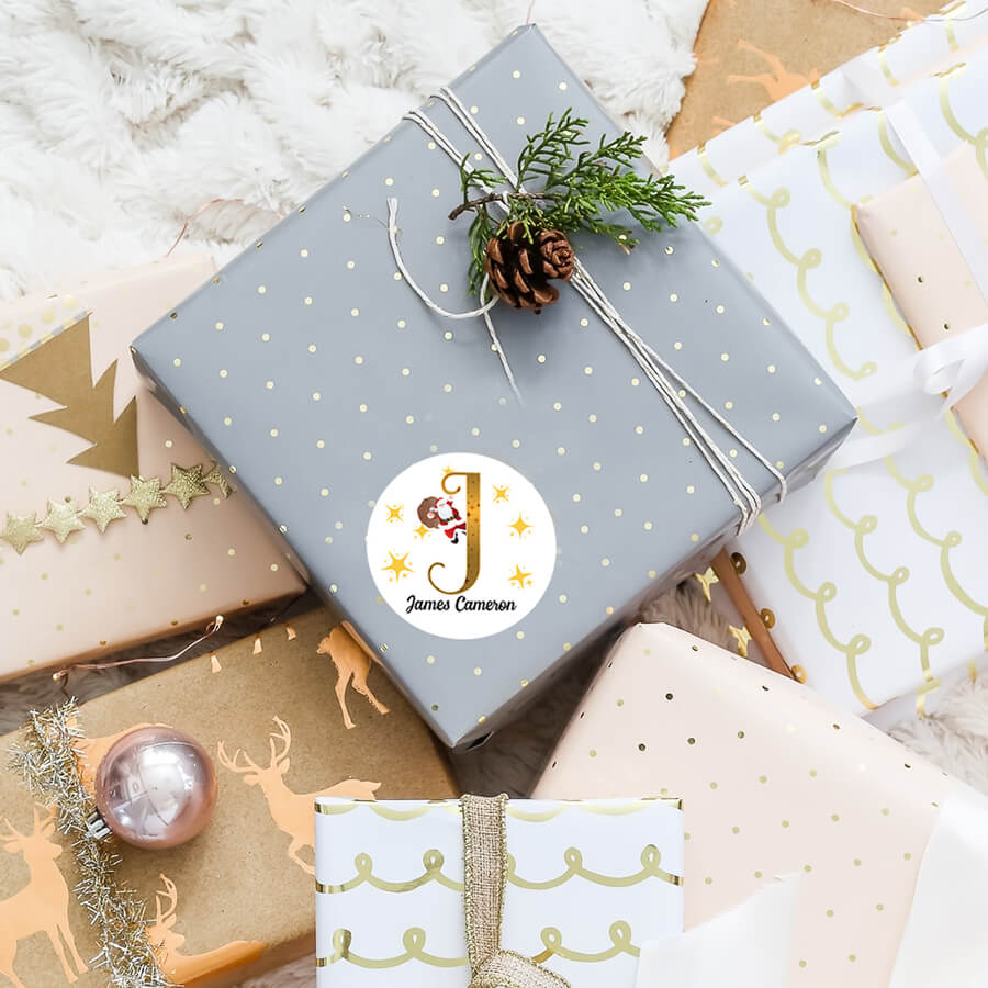 Personalised Christmas  Sticker - Round - Alphabet Santa