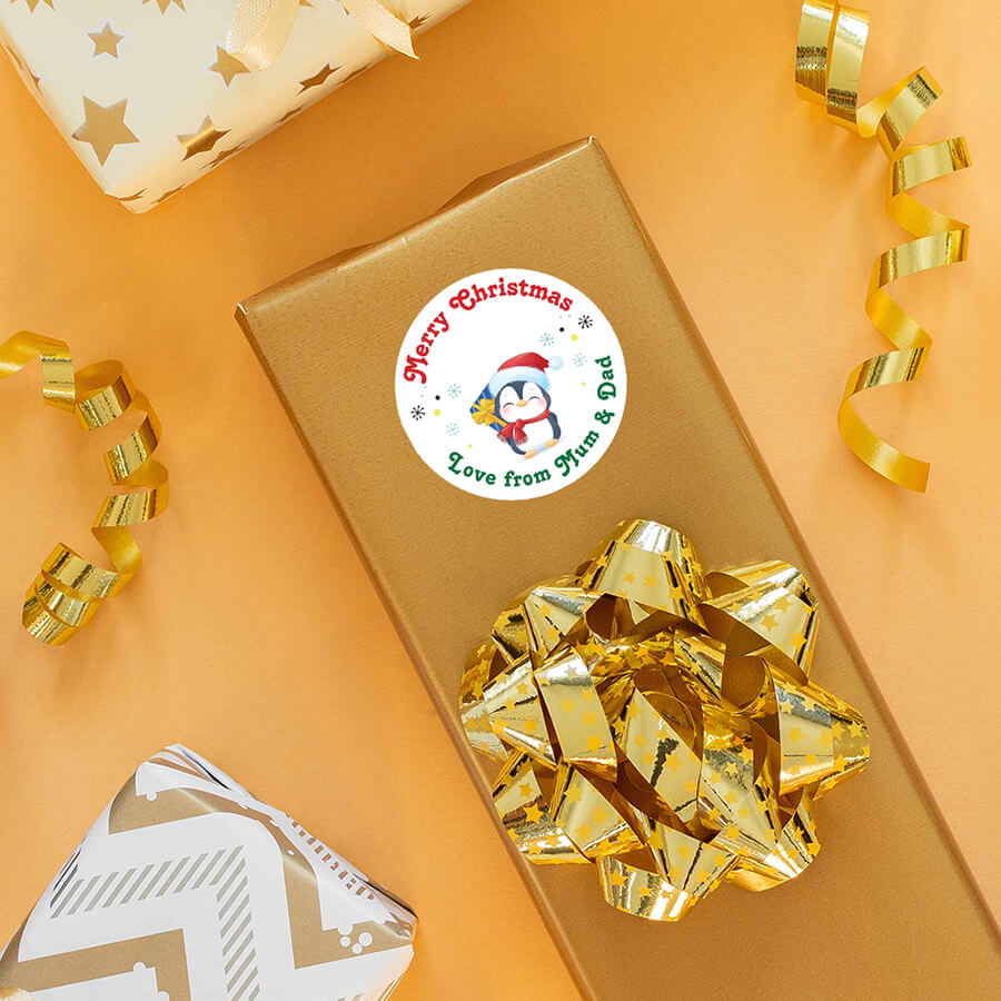 Personalised Christmas Sticker - Round - Penguin